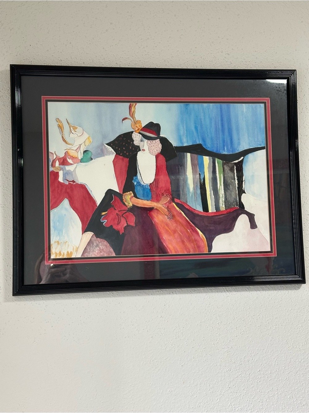 watercolor copy of painting (Lady In Red) by Itzchak Tarkay. painted by unknown